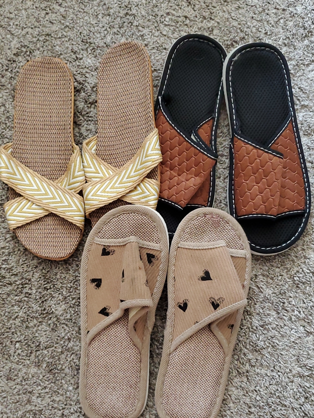 Set of 3 Casual Slip-On Slippers in Tan, Brown & Black